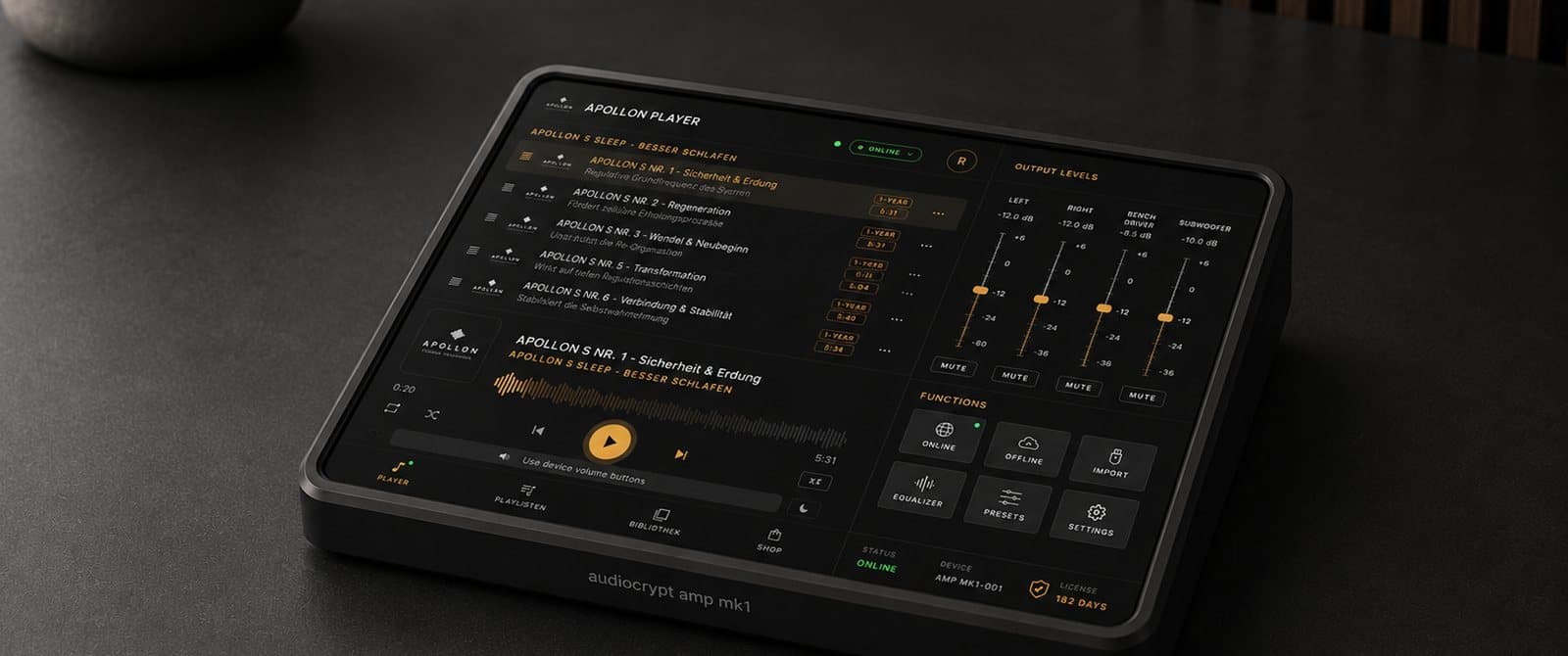 AudioCrypt Amp MK1 console running the Apollon player